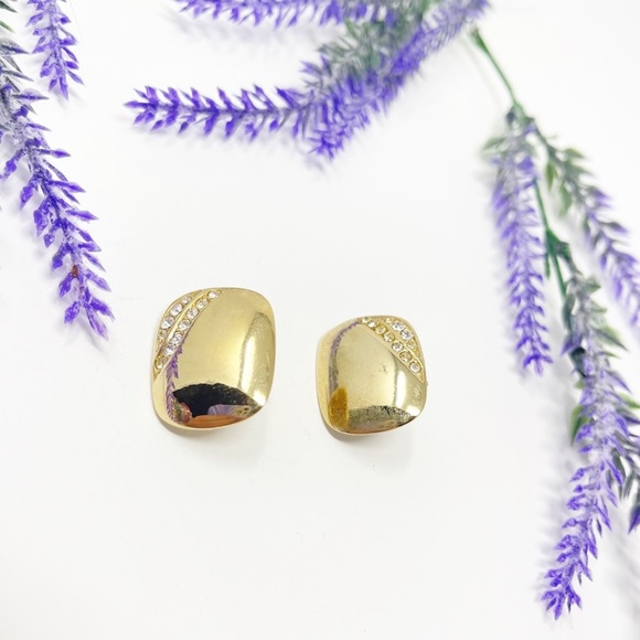 Vintage Signed Sarah Coventry Gold Crystal Stripe Clip On Earrings - Picture 1 of 5